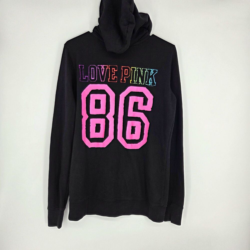 Y2K 2010 VS PINK Black Full Zip Hoodie Rainbow 86 Graphic Pockets Oversized Sm